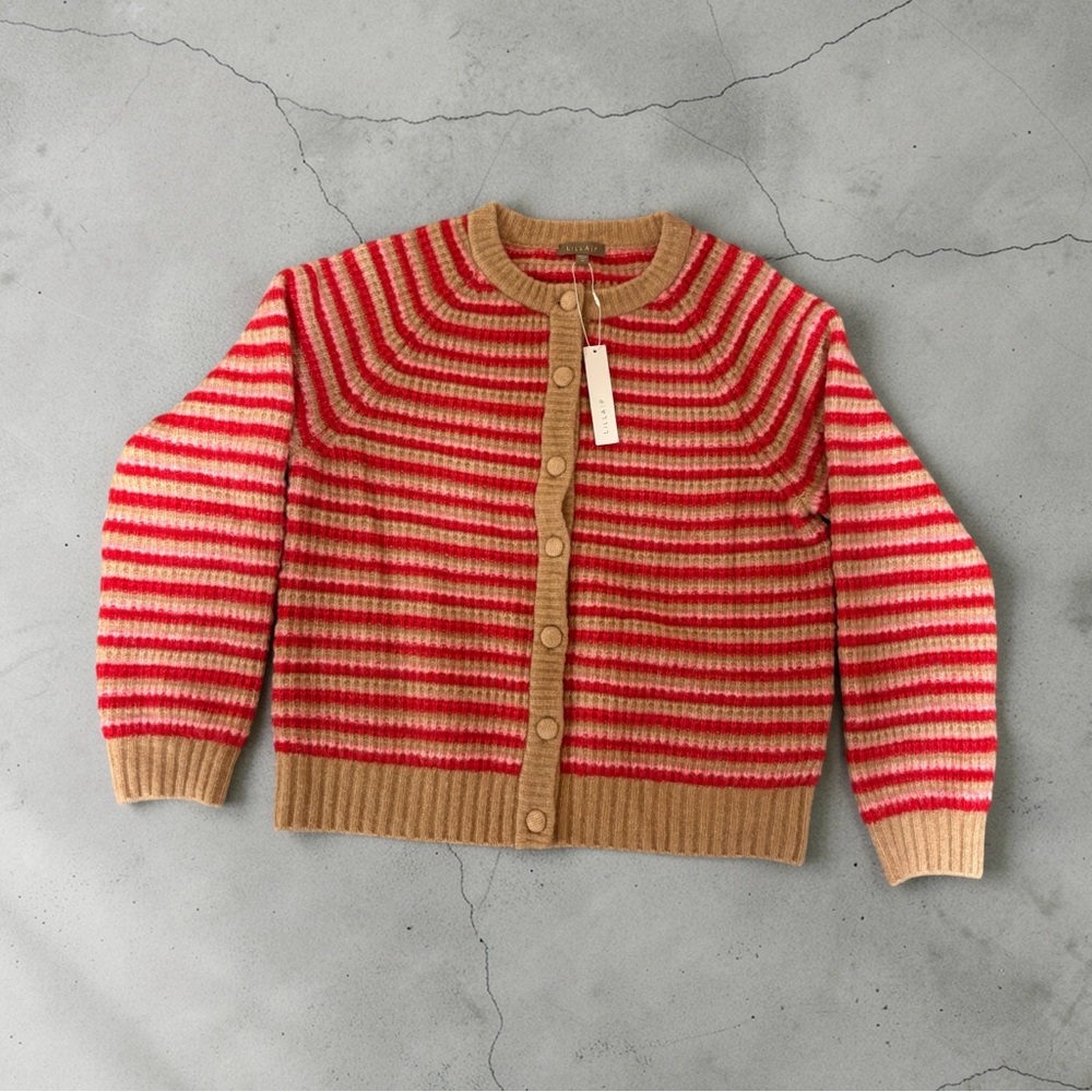 Lilla P Red and Tan Striped Knit Cardigan